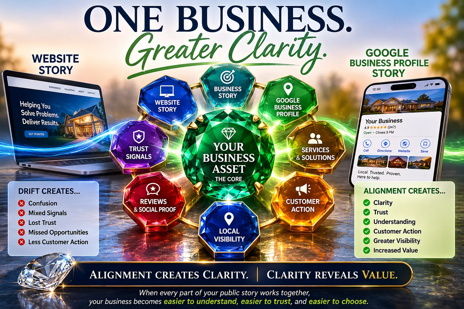 One business greater clarity graphic showing website story, Google Business Profile story, trust signals, reviews, services, customer action, and local visibility aligned around one business asset.