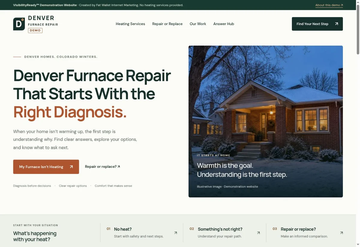 Homepage screenshot of the denver furnace repair VisibilityReady demonstration website