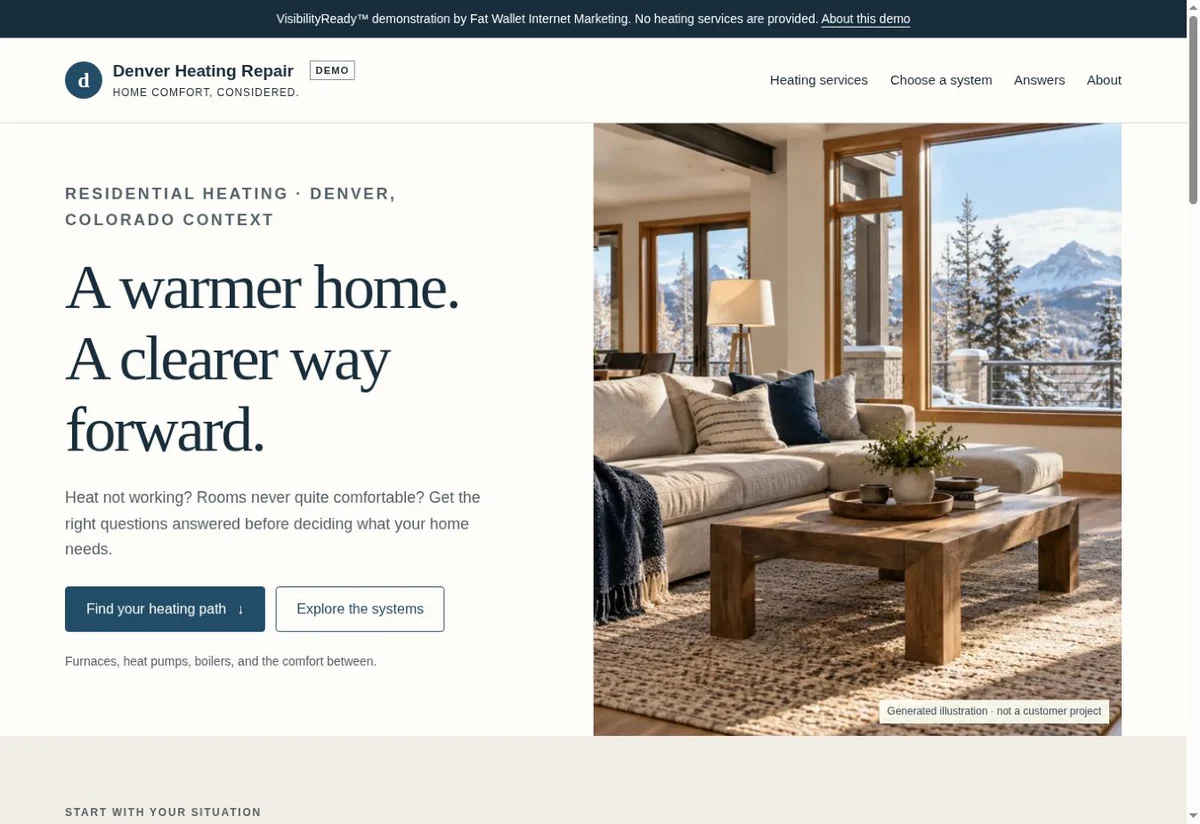 Homepage screenshot of the denver heating repair VisibilityReady demonstration website