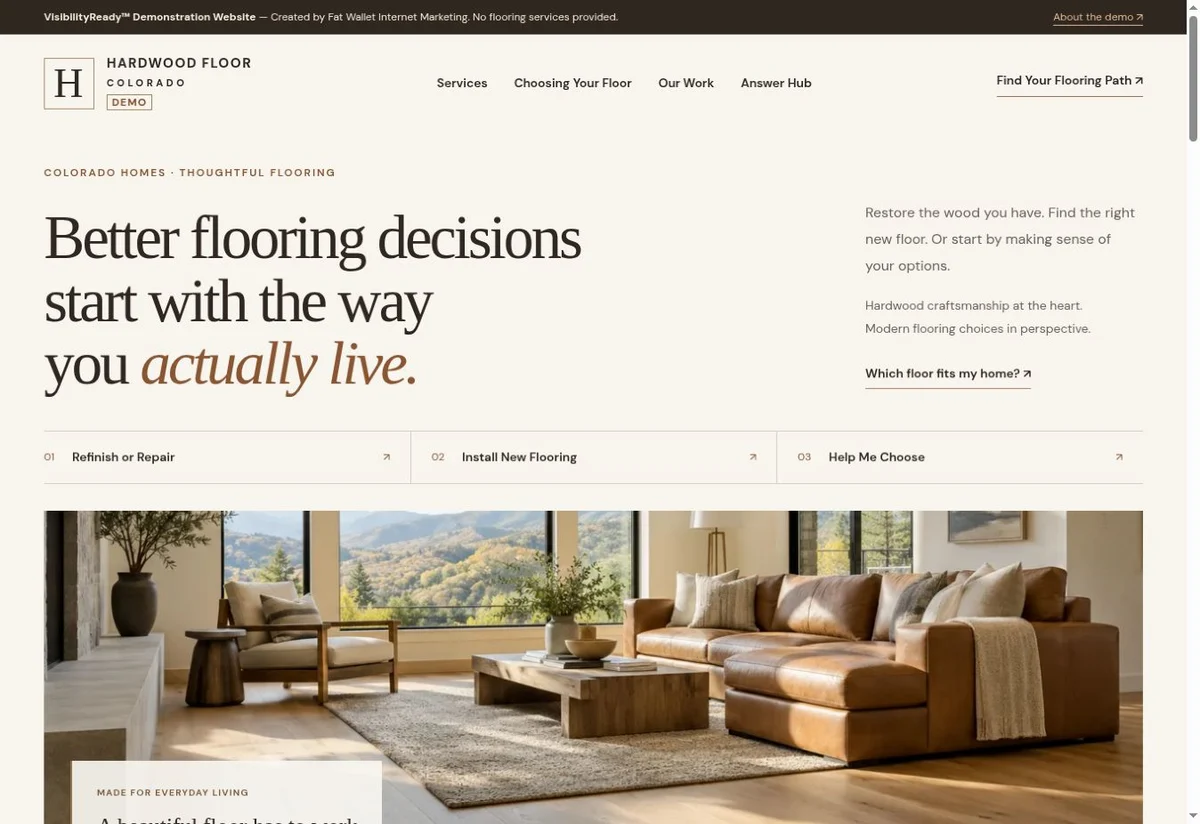 Homepage screenshot of the colorado hardwood flooring VisibilityReady demonstration website