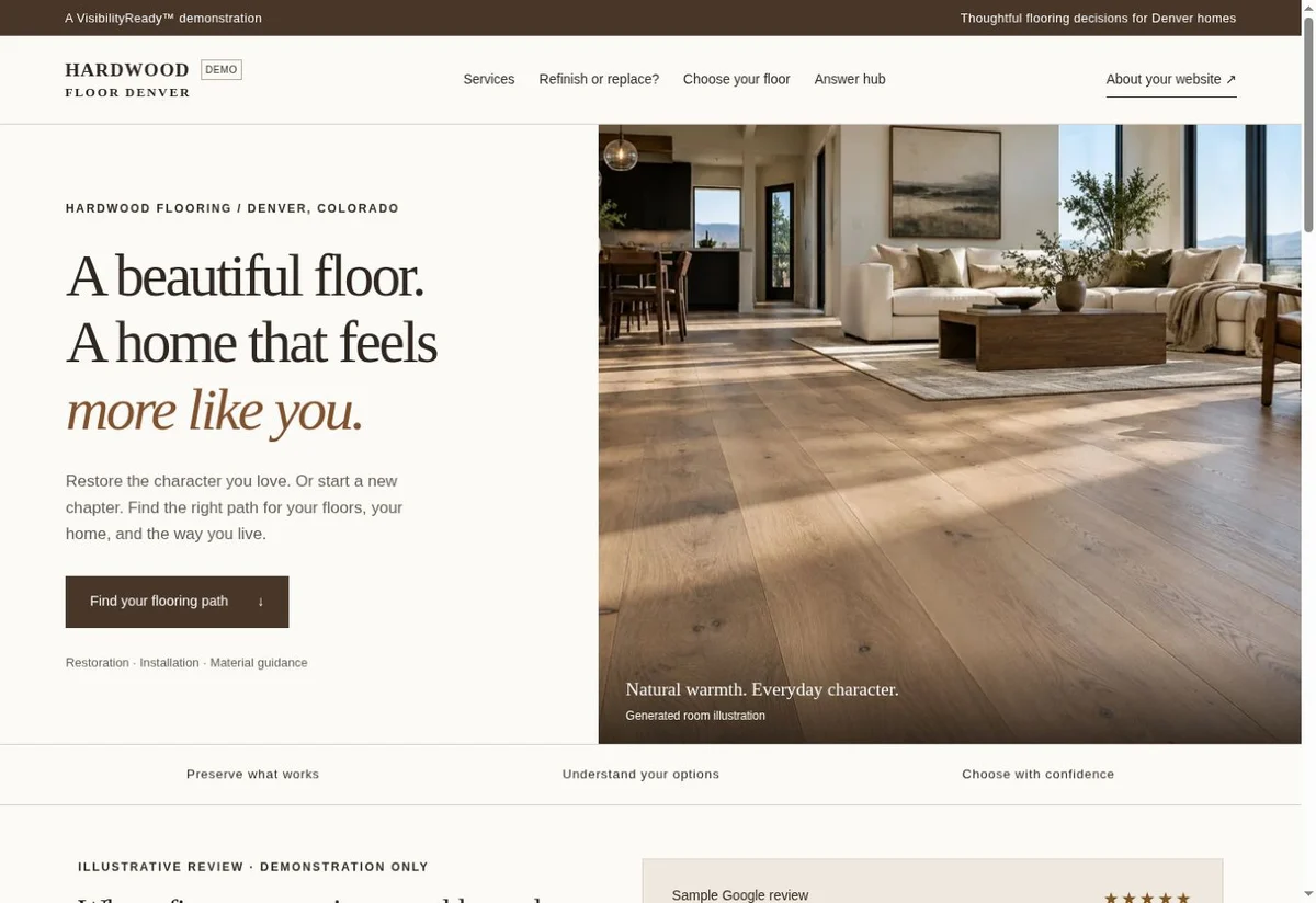 Homepage screenshot of the denver hardwood flooring VisibilityReady demonstration website