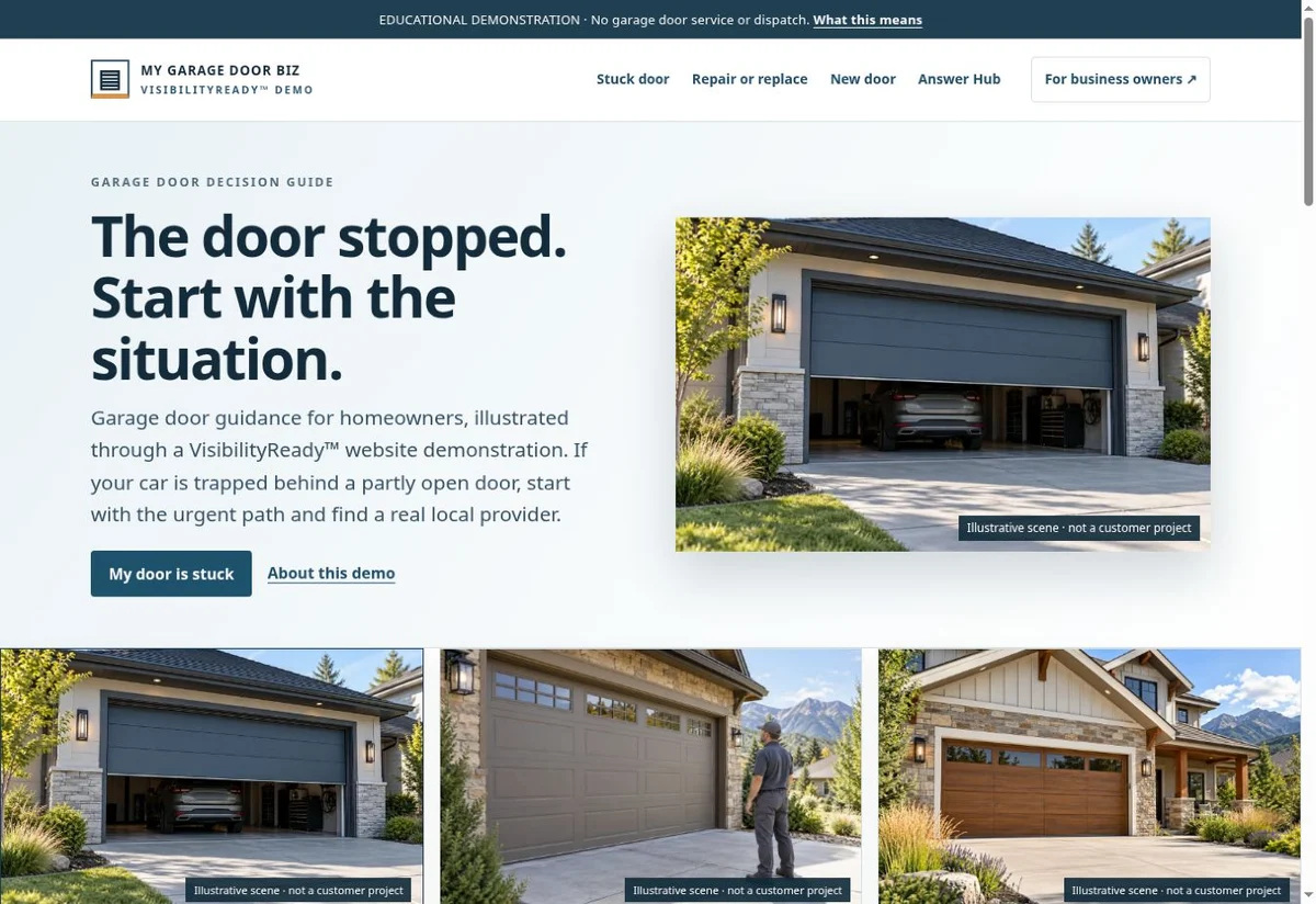 Homepage screenshot of the garage doors VisibilityReady demonstration website