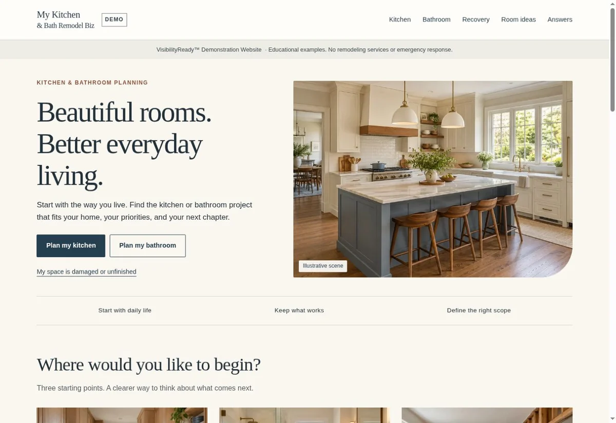 Homepage screenshot of the kitchen and bath remodeling VisibilityReady demonstration website
