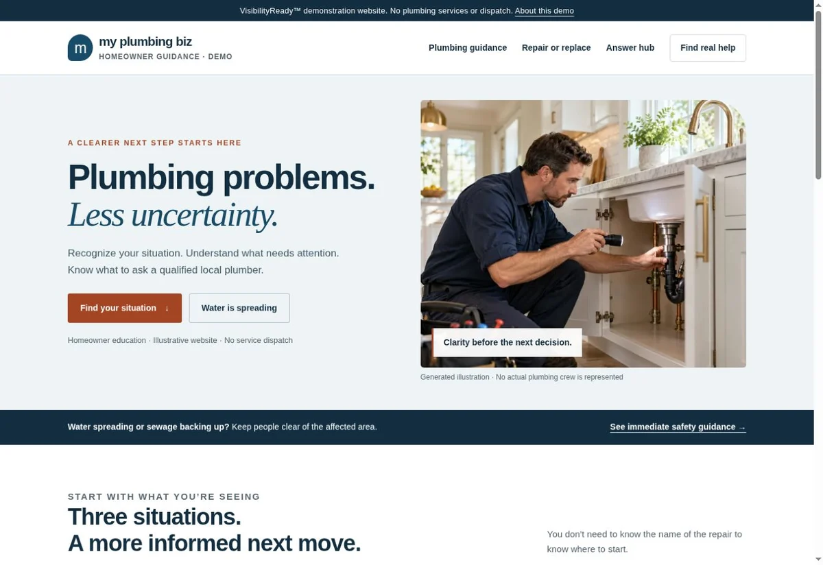 Homepage screenshot of the plumbing VisibilityReady demonstration website