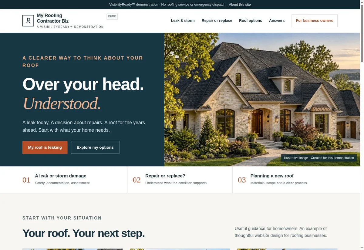 Homepage screenshot of the roofing VisibilityReady demonstration website
