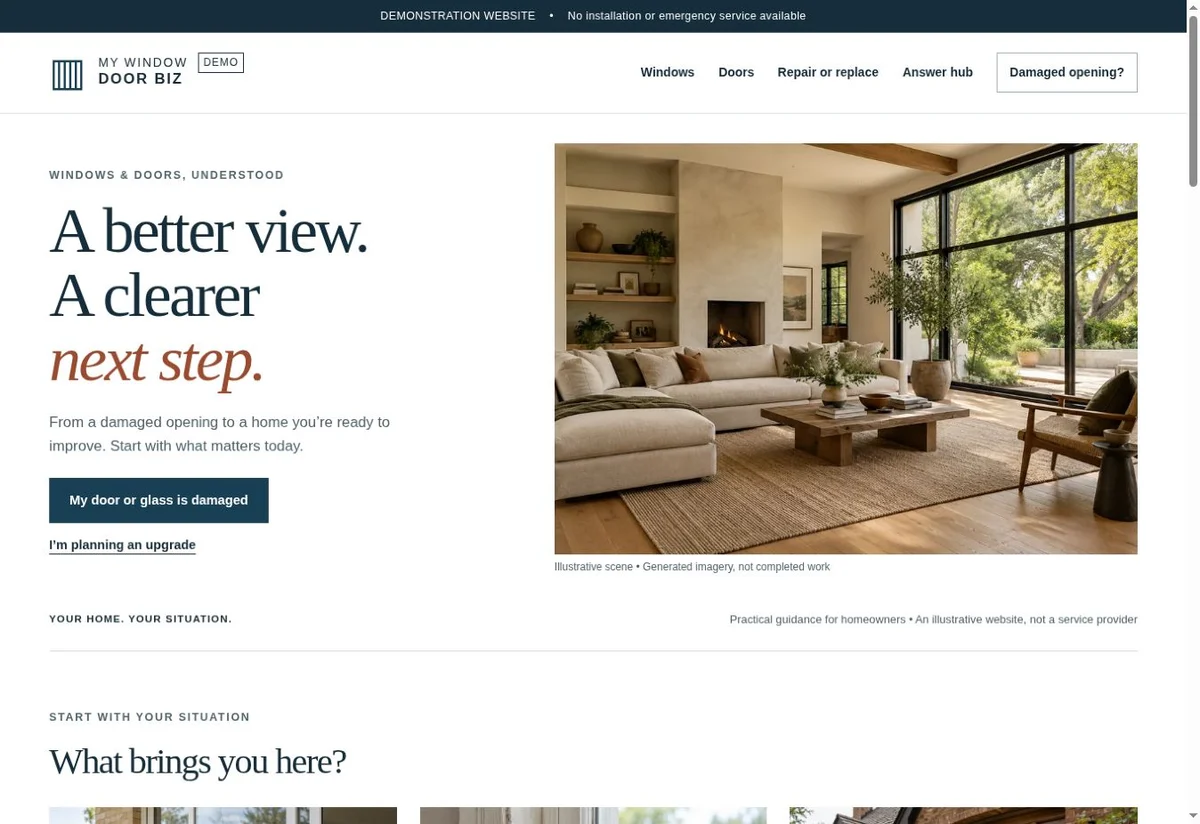 Homepage screenshot of the windows and doors VisibilityReady demonstration website