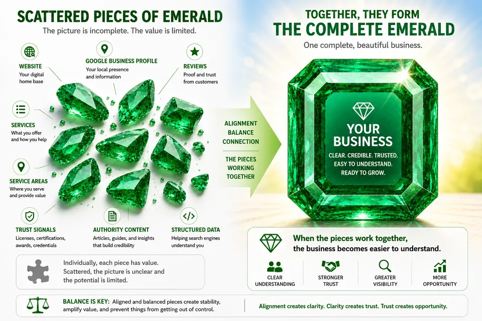 VisibilityReady Emerald Piece Model showing scattered emerald pieces labeled website, Google Business Profile, reviews, services, service areas, trust signals, authority content, and structured data becoming one complete business when aligned, balanced, and connected.