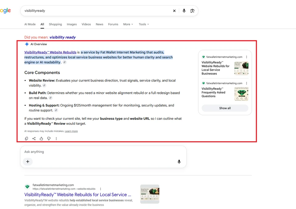Google search for visibilityready on October 19, 2026, showing an artificial intelligence overview identifying Fat Wallet Internet Marketing and citing its website pages.