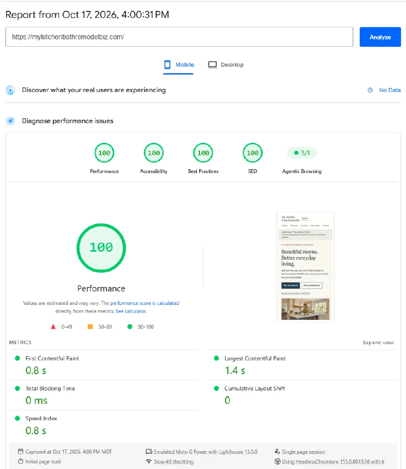 Excerpt from the October 17, 2026 mobile PageSpeed Insights report for mykitchenbathremodelbiz.com showing four category scores of 100, 1.4-second Largest Contentful Paint, zero blocking time, zero layout shift, and no real-user data.
