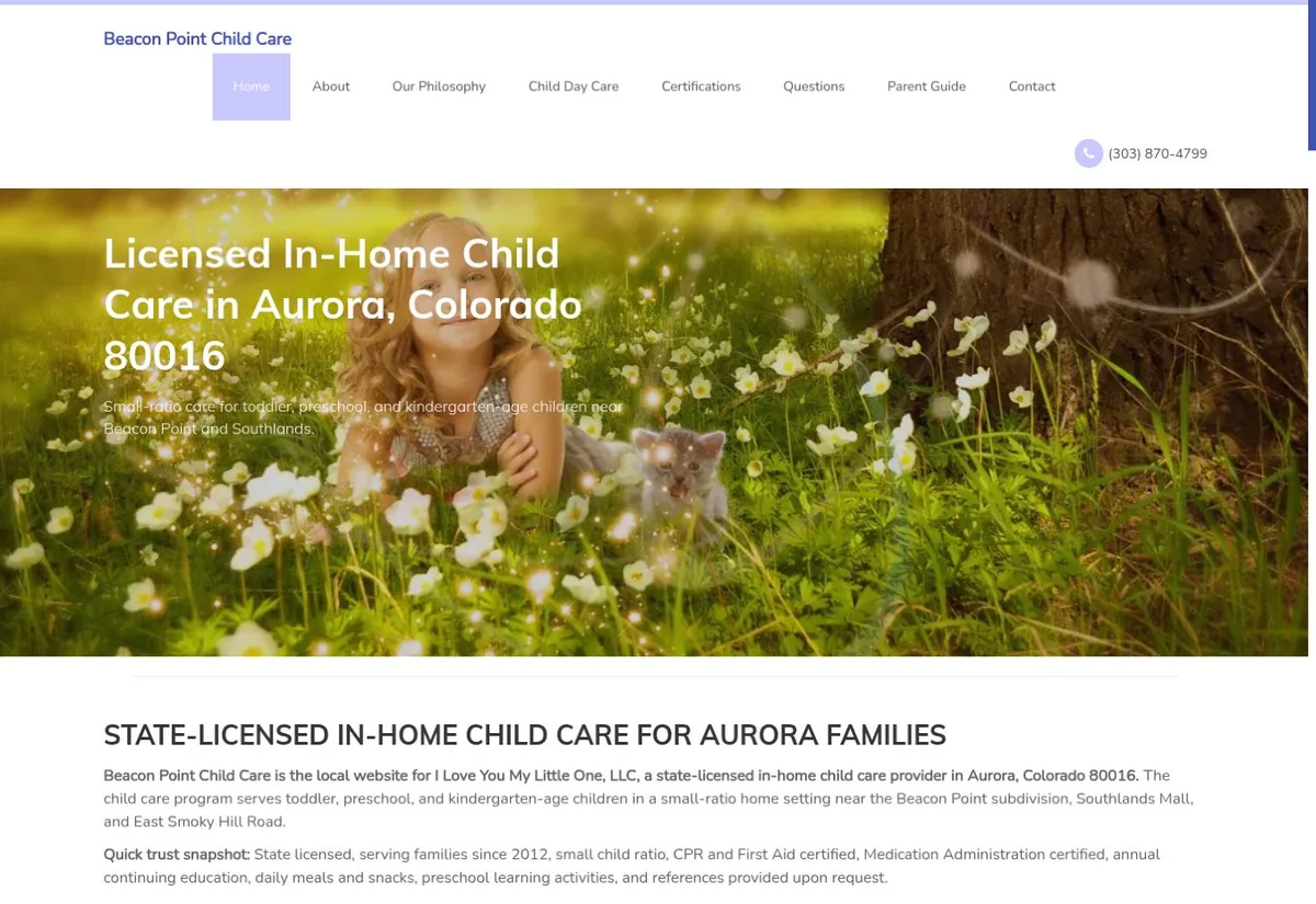 Homepage screenshot of the Beacon Point Child Care client website