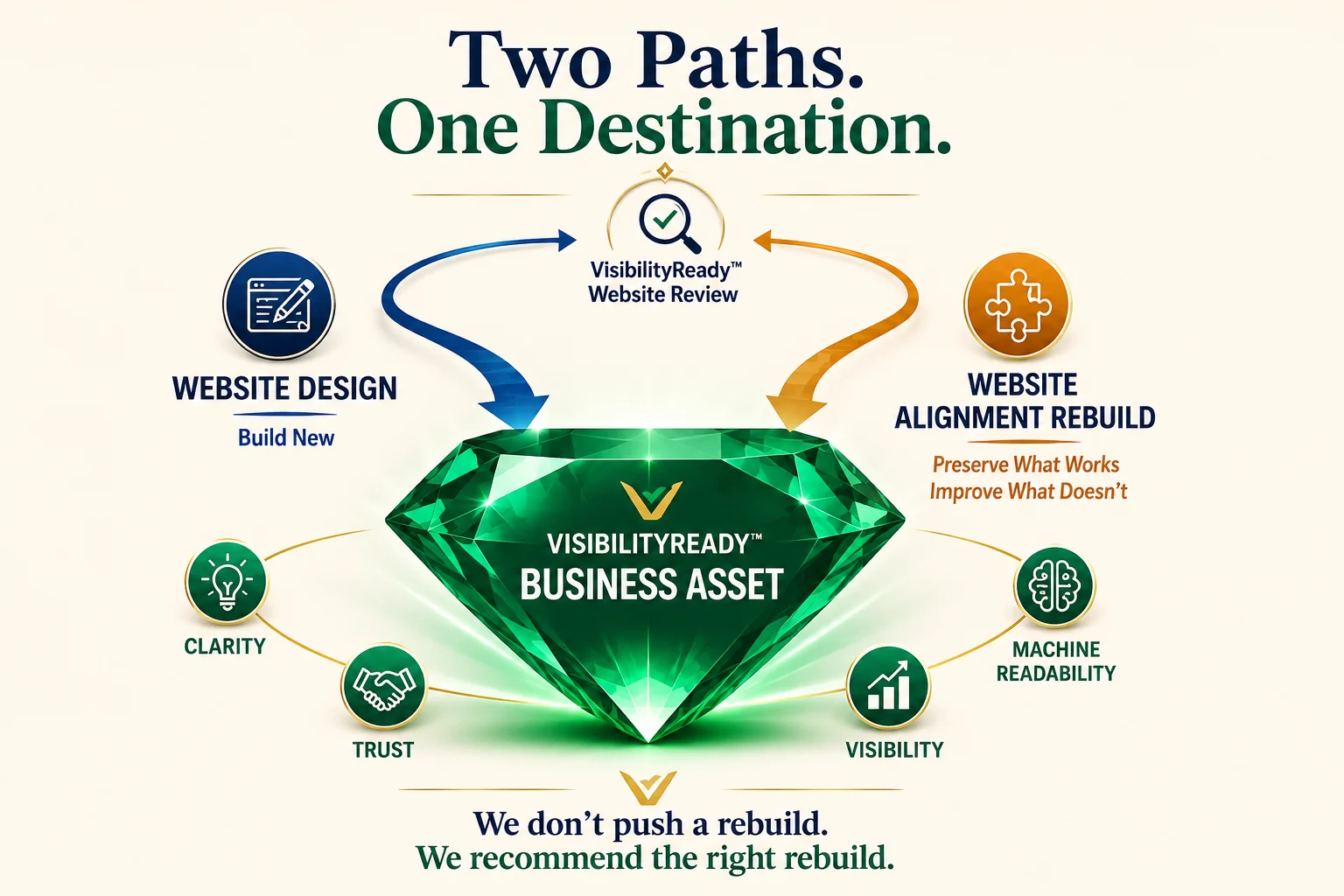 VisibilityReady Two Paths One Destination graphic showing Website Design and Website Alignment Rebuild leading to the same VisibilityReady Business Asset represented by an emerald, supported by clarity, trust, visibility, and machine readability.
